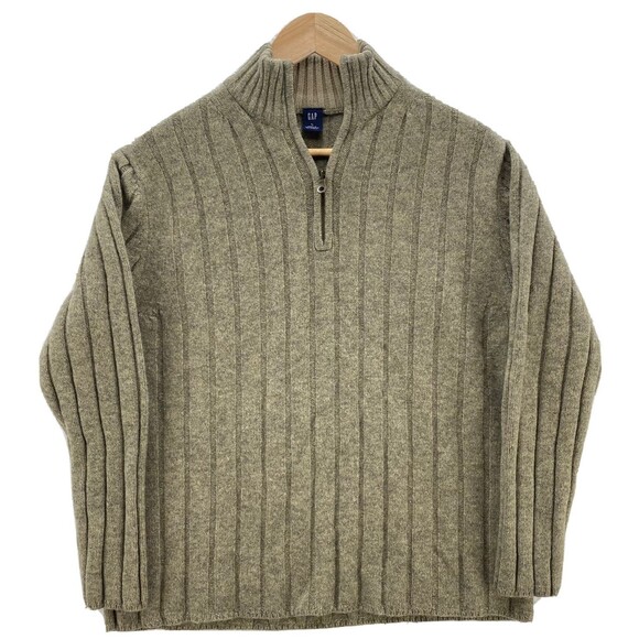 GAP Sweater Men's Large Beige VTG Lambswool Cable Knit Mock Neck 1/4 Zip Preppy - Picture 2 of 16